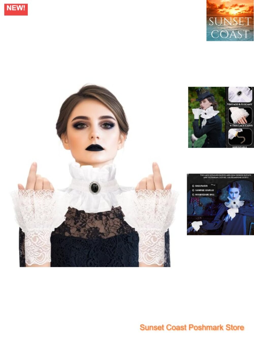 Victorian Gothic Lace Gloves Ruffle Collar Set Vampire Cosplay Costume